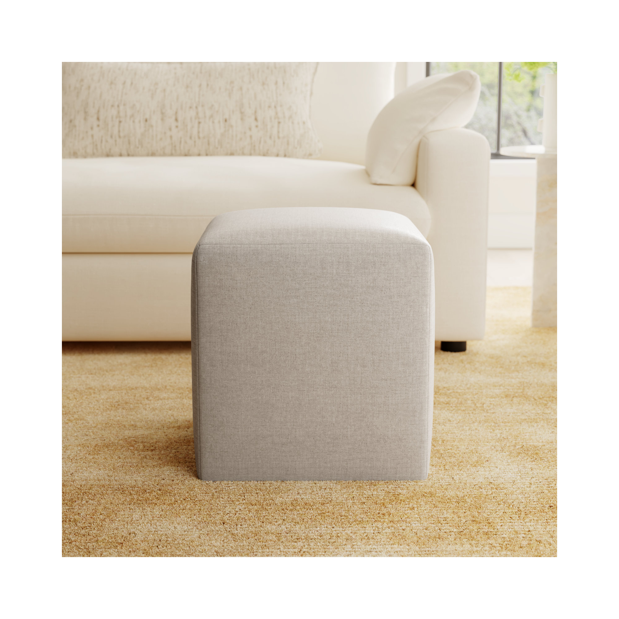Morenci 18" Square Upholstered Ottoman, Ecru Basketweave