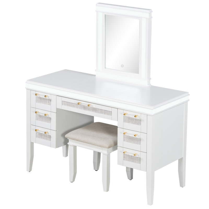 Vanity Desk with Mirror and Lights, Makeup Vanity with Drawers and Cushioned Stool, Light beige