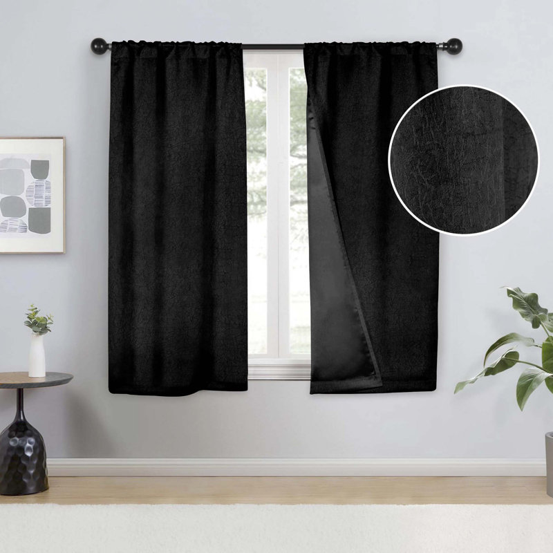 Kinlaw Textured Thermal Polyester Light Filtering Room Darkening Curtain Pair, 26" W x 63" L, Black