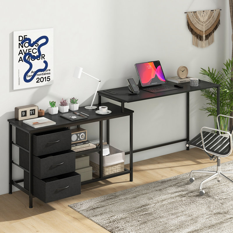 Marayah L-Shaped Steel Computer Desk with Built-In Electrical Outlet, Black