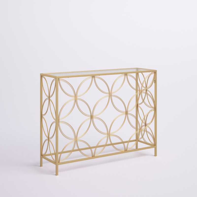 Console de salon à structure géométrique en métal doré avec plateau en quadrilobe et plateau en verre