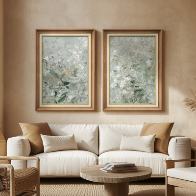 Soft Green Botanical Layered Garden Calm Neutrals – Set of 2 Premium Framed Wall Art Print on Paper 26"x36"