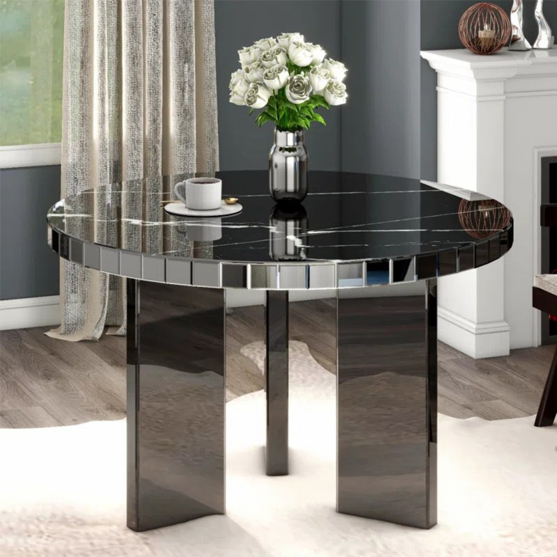 48" Round Faux Marble Mirrored Dining Table