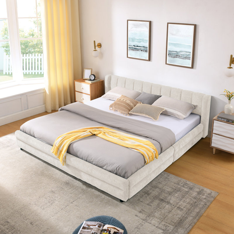 Structure de lit rembourrée avec tissu épais, Beige, Très grand lit