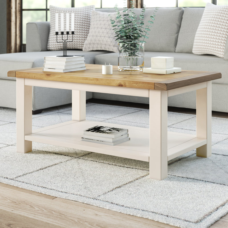 Pompey 4 Legs Coffee Table with Storage, Off-White/Pine Top