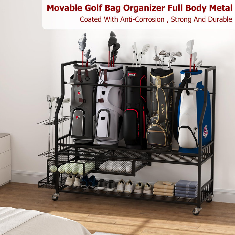 Heavy Duty Golf Bag Storage Rack with Wheels – 5-Bag Organizer Stand with Drawer – Portable Golf Equipment Cart for Garage, Clubhouse, Basement – Fits Large Golf Bags & Accessories – 146×40×113CM