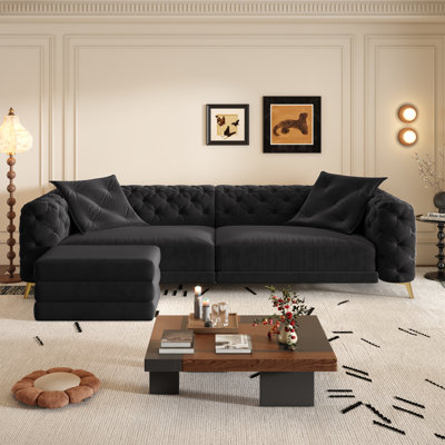 97.7" Velvet Upholstered Sleeper Sofa, King-Size Pull-Out Sofa Bed, 4-Seater Chesterfield Sofa with 2 Pillows, Black