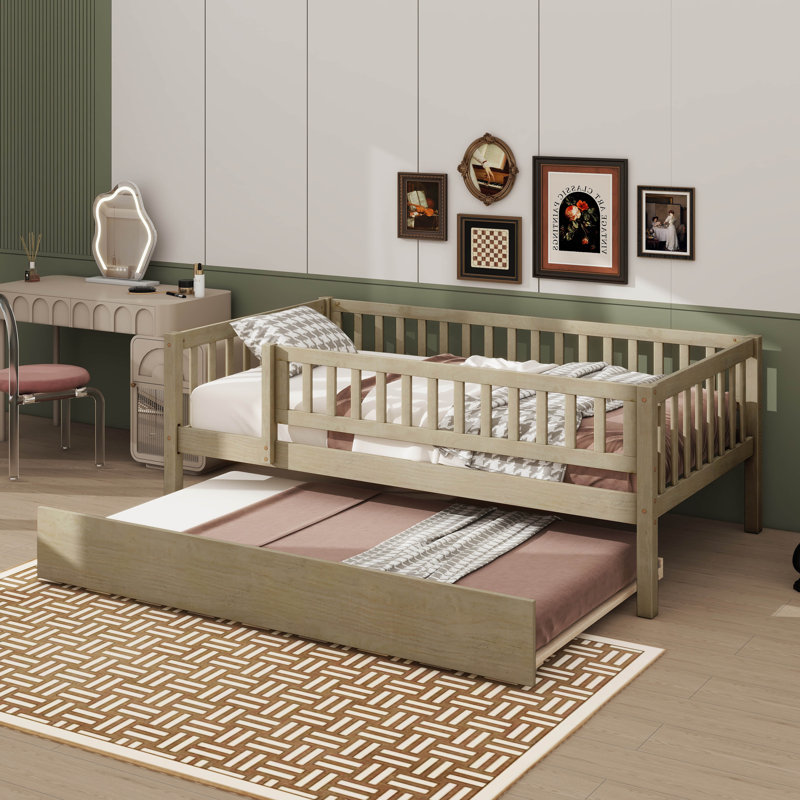 Rustic Wooden Daybed With Underbed Trundle And Protective Fence-Style Guardrails, Natural