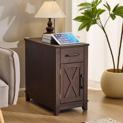 Farmhouse End Table with Charging Station – Narrow Side Table and Nightstand with Drawer, Storage Cabinet and Adjustable Shelf, Choco