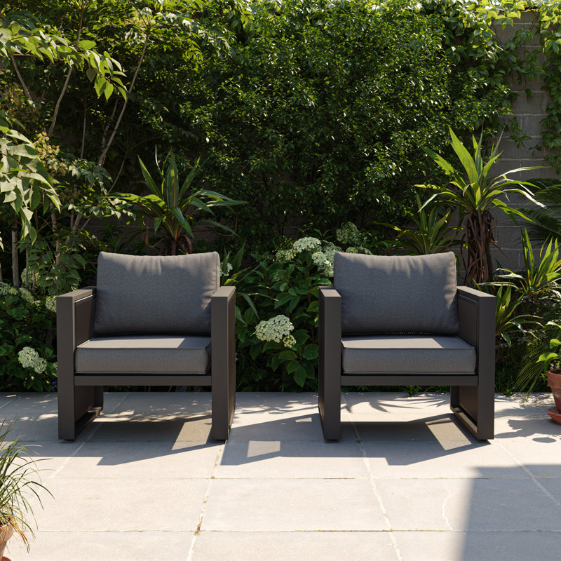 2-Piece Aluminum Outdoor Armchairs With Cushion, Featuring Decorative Pull Cord Detailing, Gray Cushion/Black Frame