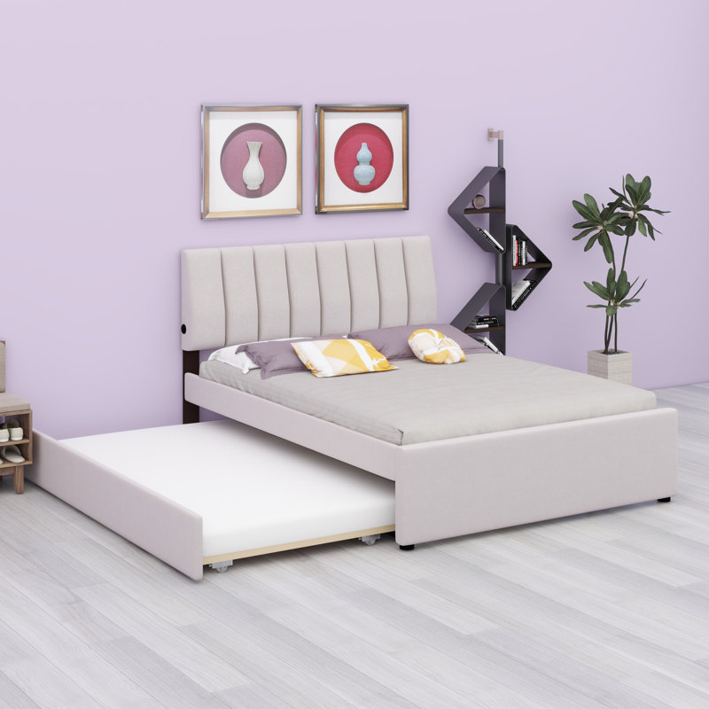 Lit plateforme tapissier avec lit gigogne, Beige