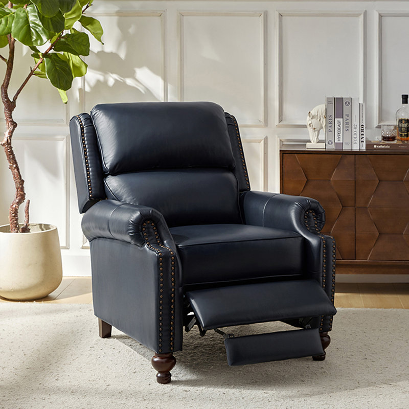 Adeesa Genuine Leather Manual Recliner, Navy Genuine Leather