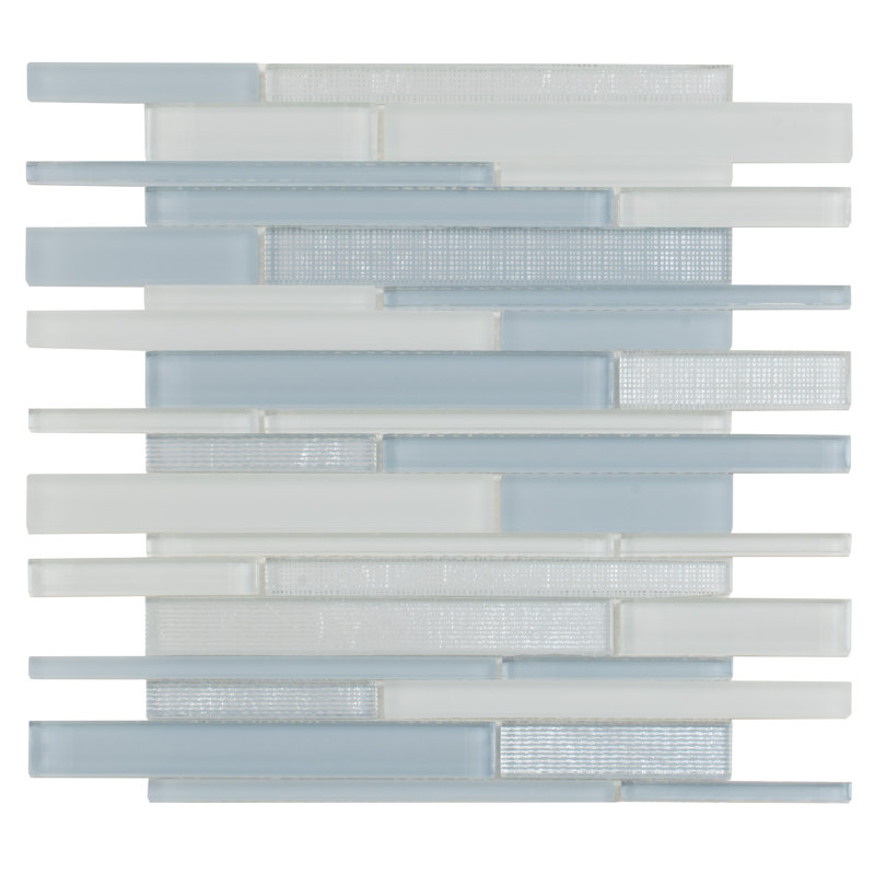 11.8" x 12.2" Glass Mosaic Tile, White/Blue/Silver