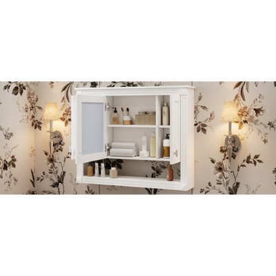 35Inch Bathroom Wall Cabinet With Mirror, Wall Mounted Medicine Cabinet With Open Shelf, Mirrored Door Over Toilet Storage Cabinet, White