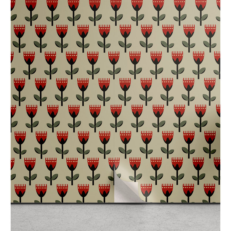 Graphical Modern Illustration of Repeating Tulips Living Room Kitchen Accent Peel and Stick Wallpaper Panel, 13" W x 100" L