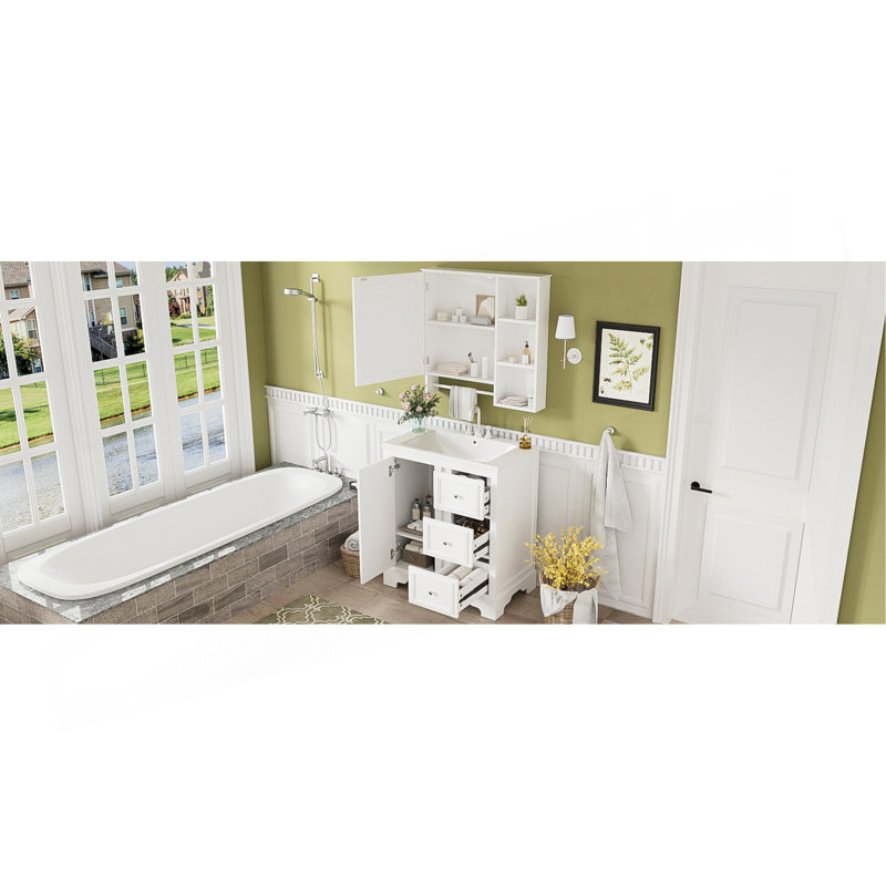 Ensemble de meuble-lavabo élégant avec armoire à miroir et beaucoup de rangement, idéal pour les espaces de salle de bain organisés et élégants.