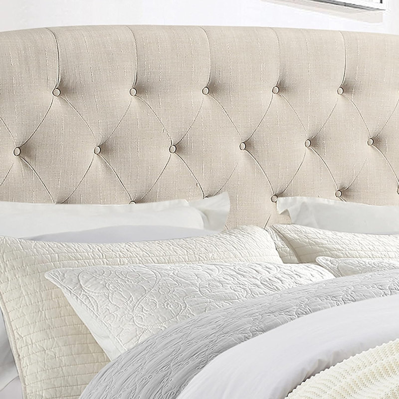 Structure de lit avec tête de lit capitonnée / revêtement en tissu, Beige, Grand lit