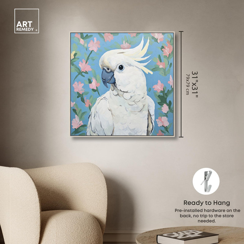 «White Cockatoo I», art floral tropical par , H 31 po x l 31 po, Encadrement argenté