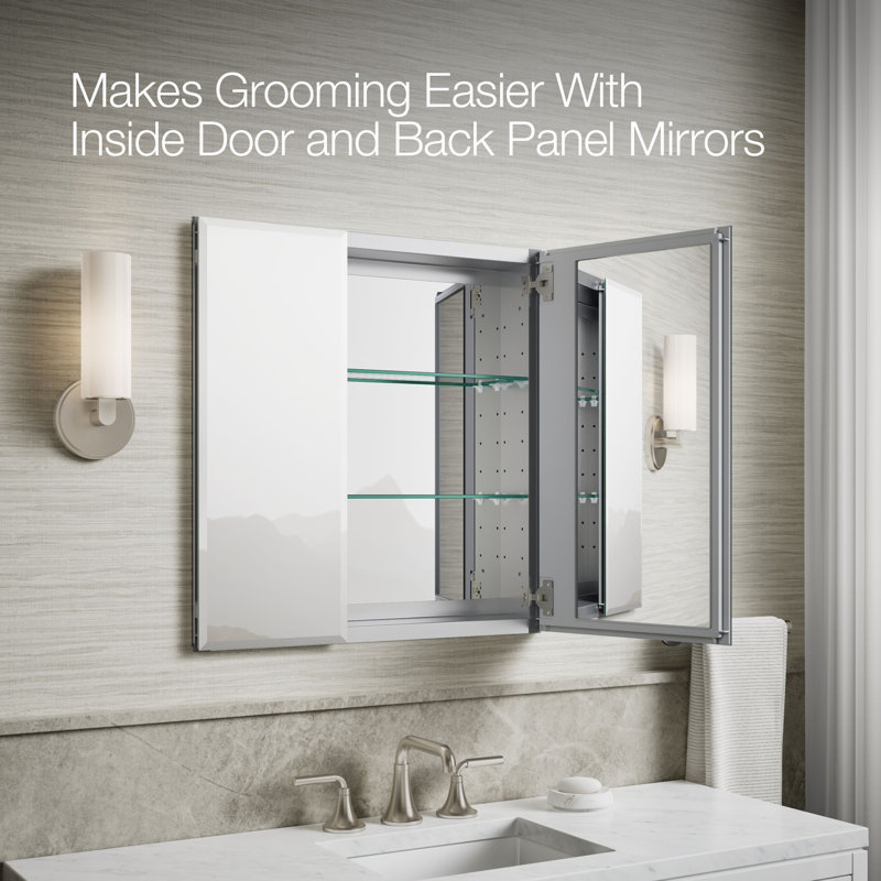 CLC Aluminum Two-Door Medicine Cabinet With Mirrored Doors, Beveled Edges, 26" H x 25" W x 5" D
