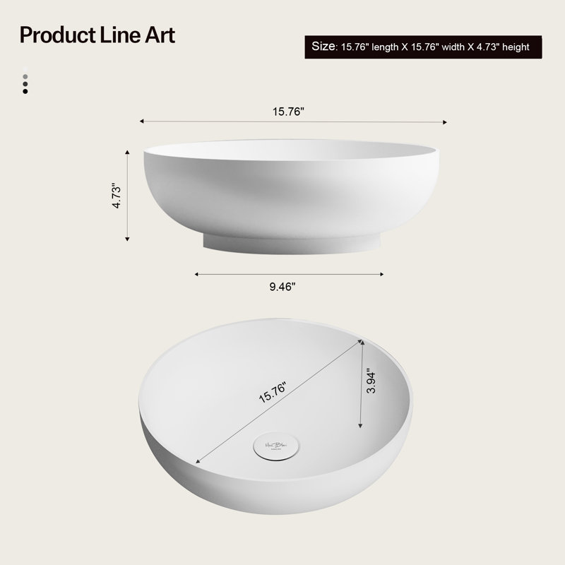 MonBlari 15" Round Solid Surface Bathroom Vessel Sink Matt Black, Matte Black