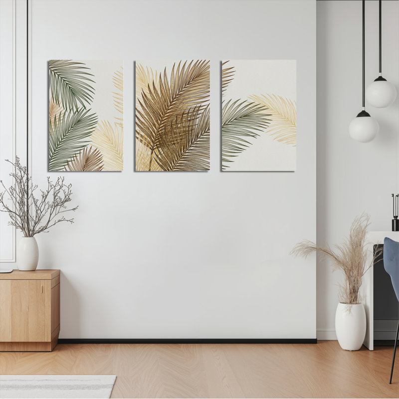 Ensemble de 3 tableaux sur toile tendue, motif feuilles de palmier tropicales dorées et vertes, pour la décoration du salon et de la chambre.
