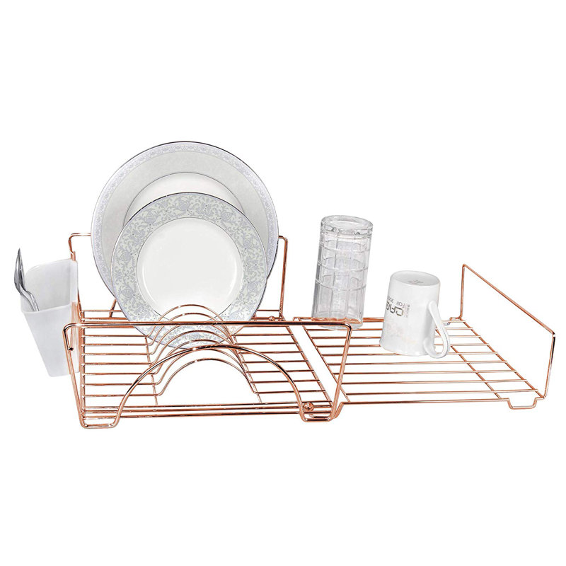 Rose Gold Expandable Metal Dish Drainer with Utensil Cup