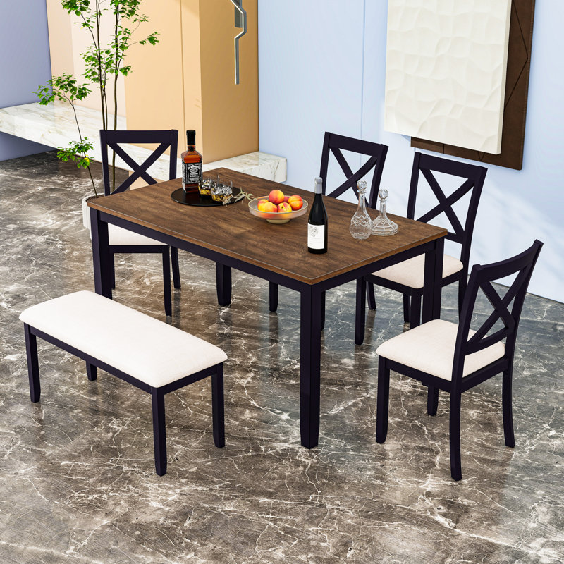 Ensemble de table de salle à manger 6 pièces avec banc et chaises rembourrées, Chêne, Noir / blanc, Noir