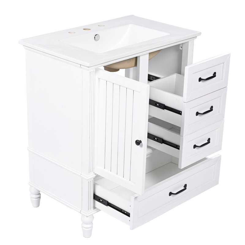 [Vidéo] Meuble-lavabo de 30 po avec lavabo, armoire de salle de bain avec porte, trois tiroirs, pieds en bois massif et panneau de fibres à densité moyenne, patins réglables, blanc (même SKU: N725P195409K)