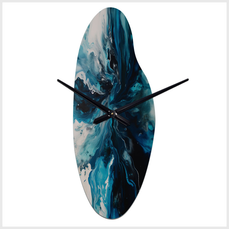 Horloge murale sarcelle et noire fantaisie II - horloges asymétriques abstraites en métal, horloge murale incurvée sarcelle