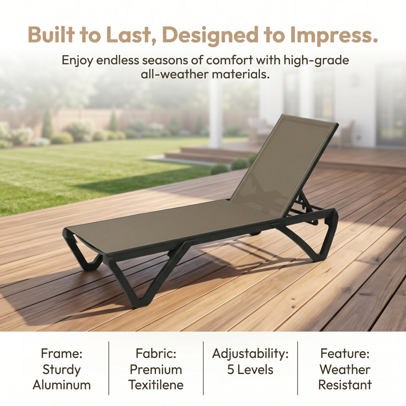 2PC Chair and Table Set, 5‑Position Adjustable Outdoor Chaise Lounge with Wheels & Stackable Design, khaki