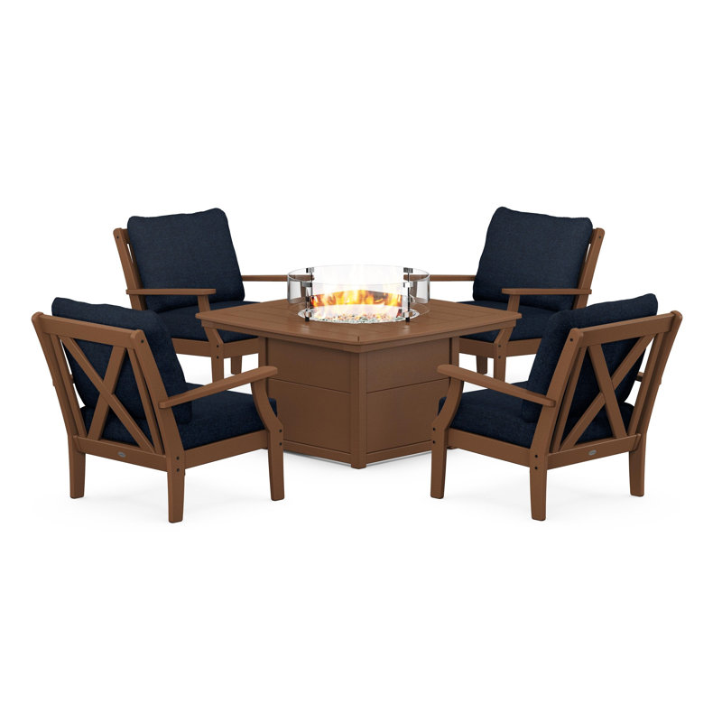 Braxton 5-Piece Deep Seating Conversation Set with Fire Pit Table, Marine Indigo, Teak