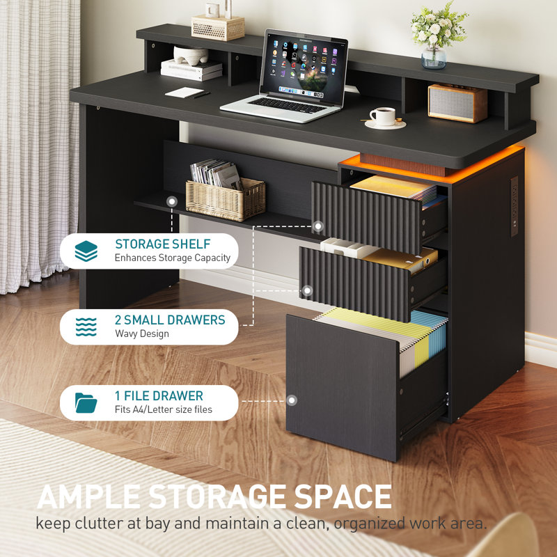 59" Executive Desk with Fluted Drawers, Power Outlet & LED Lights – Modern Home Office Computer Desk with Monitor Stand and File Storage