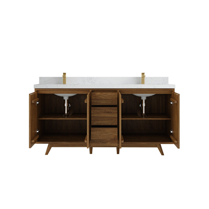 72'' Double Bathroom Vanity with Quartz Top, White, Light Brown