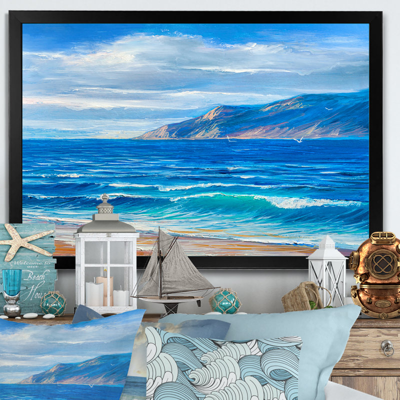 «Morning Sunlight On The Sea Waves», art mural nautique et côtier sur toile, H 16 po x l 32 po x P 1 po, Cadre photo noir