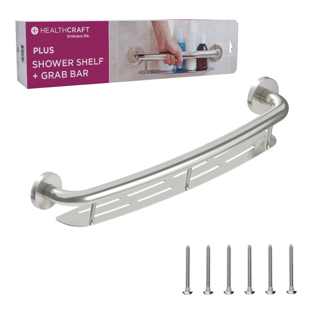 PLUS Shampoo Shelf 16" in Brushed Stainless, Decorative Grab Bar with Shelf (500 lb. Capacity) HealthCraft