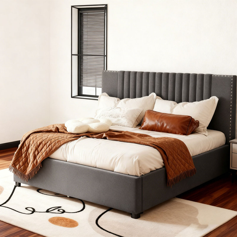 Lit plateforme tapissier avec 2 tiroirs et 1 lit gigogne simple, tête de lit classique, Complète, gris