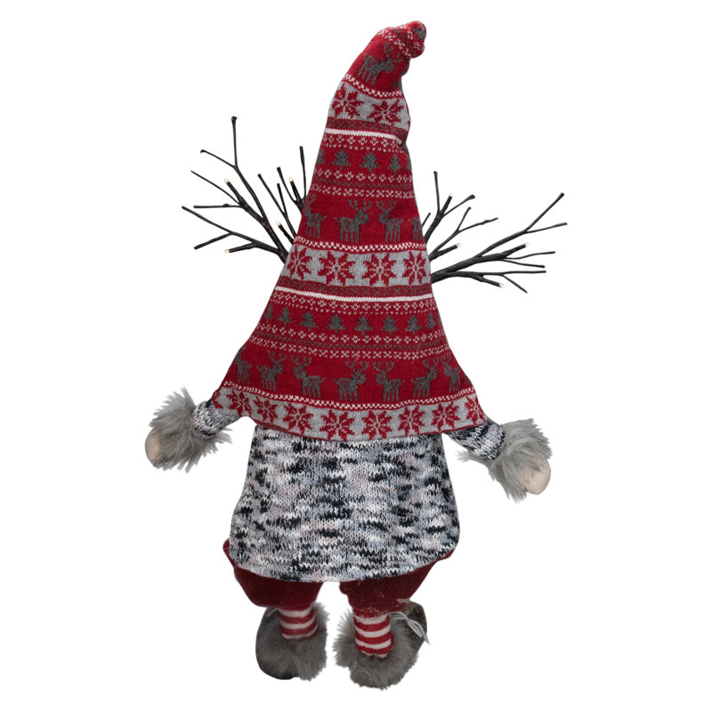 30" Red and Gray Fair Isle Sitting Gnome with LED Antlers