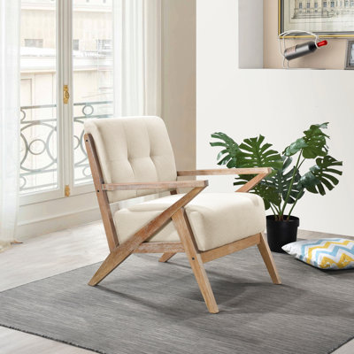 Fauteuil à dossier de style moderne, tissu sable, bois d'hévéa massif, chaise d'appoint sable H 32,5 po, fabrication en bois d'hévéa, siège d'une largeur de 22,5 po, maison rustique
