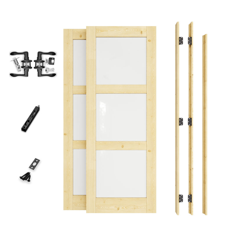 Porte française intérieure de 56 po x 80 po, portes en bois de pin et en verre trempé givré 3-Lite, bois de pin massif à peindre sans finition, ensemble de cadre complet, charnières noires, 4 leviers courbés et loquet, fabrication en bois de pin naturel robuste et verre d'intimité et en verre givré