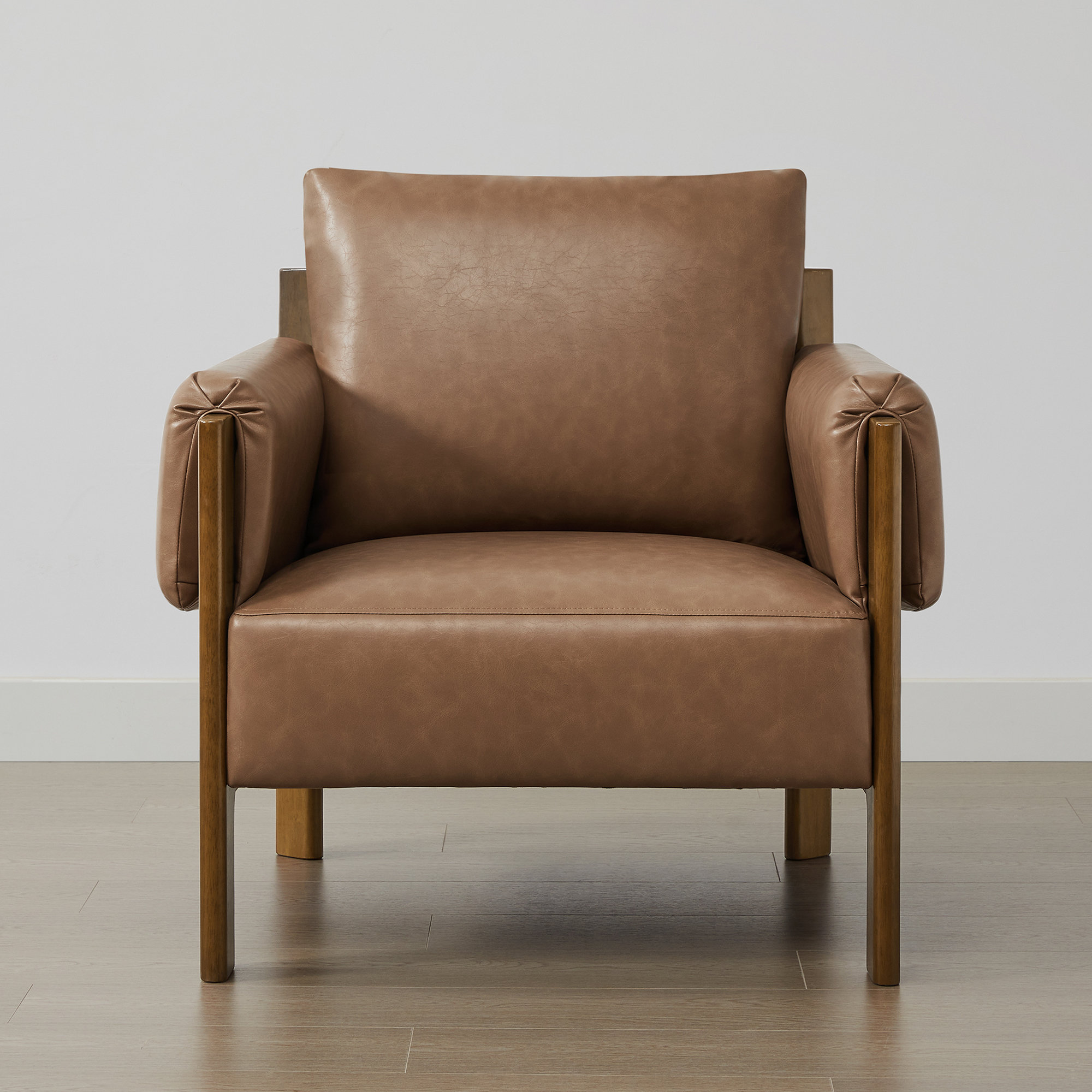 Melksham Mid-Century Accent Chair, Saddle Brown Pebbled Faux Leather, Walnut