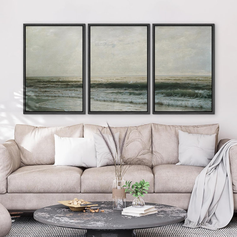 Aquarelle plage côtière 3 pièces, H 24 po x l 16 po x P 1,5 po, Cadre en plastique noir