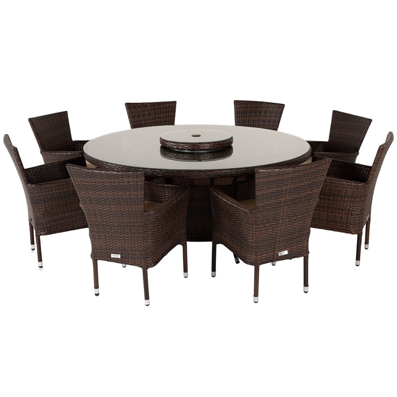 Copenhaver 8 - Person Patio Dining Set with Round Table , Cushions Included, Chocolate/Cream