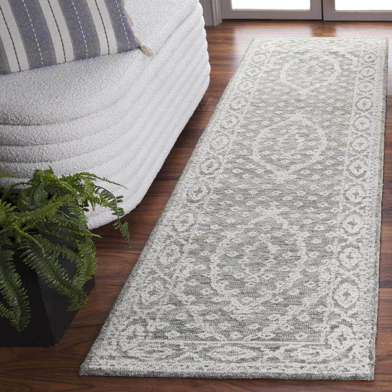 Tapis ivoire / gris en laine touffeté à la main Ramintas, Tapis de couloir 2 pi 3 po x 9 pi
