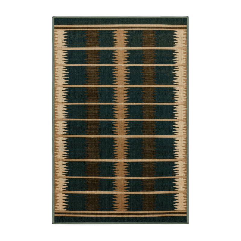 Washable Forest Green Cream Striped Area Rug, Rectangle 8' x 10'
