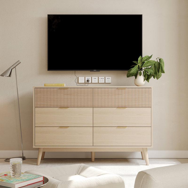 Commode 6 tiroirs en bois naturel - Surface rayée, Chêne naturel