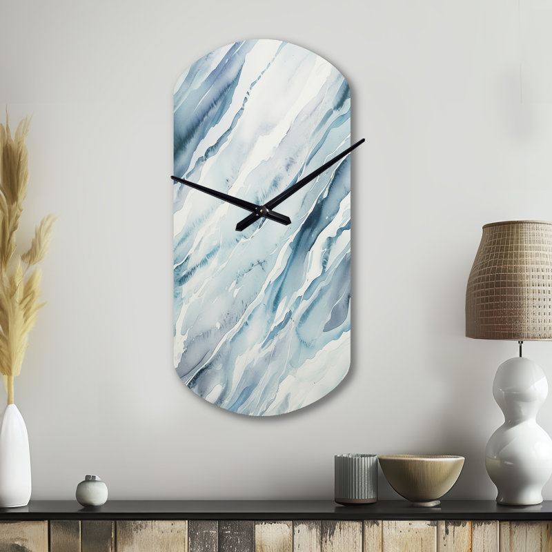 Blue Whirlwind I - formes abstraites, horloges murales asymétriques en métal, horloge murale cylindrique bleue, Petit