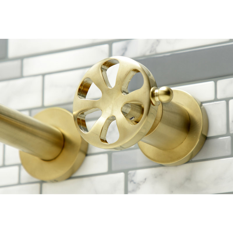 Kingston Brass Manhattan Two-Handle 3-Hole Wall Mount Roman Tub Faucet, Brushed Brass, Wheel