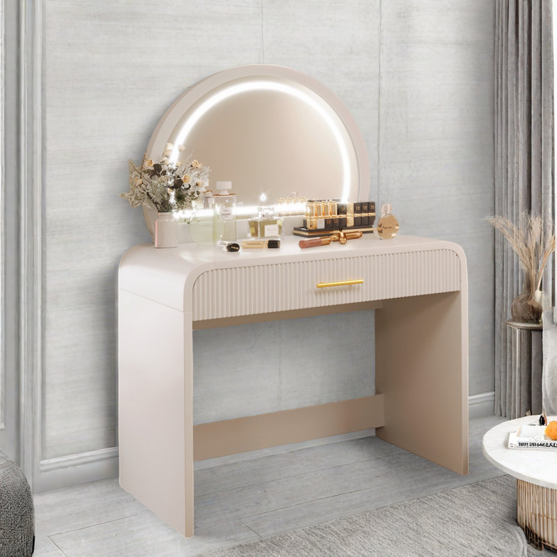 Makeup Vanity Table With Touch Screen Lighted Mirror, Dressing Table With A Drawer And Curved Edges