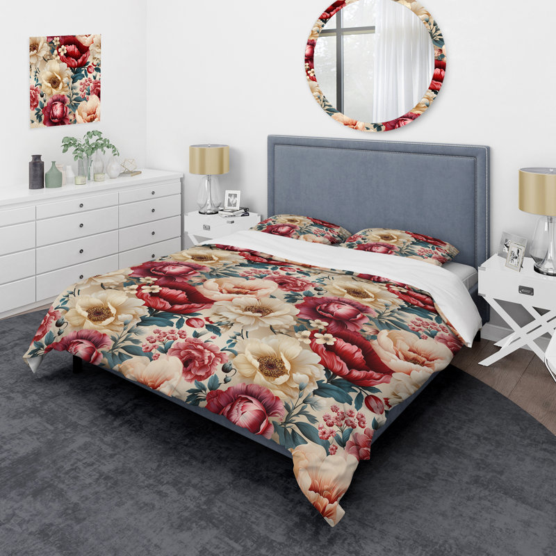 Ensemble de housse de couette à motif floral ivoire et rouge boho Mauri, Housse de couette pour très grand lit et 2 très
