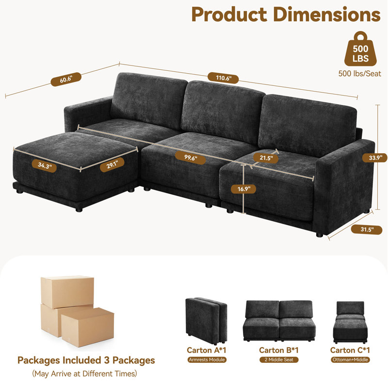 3 - Piece Upholstered Sectional, Black Chenille